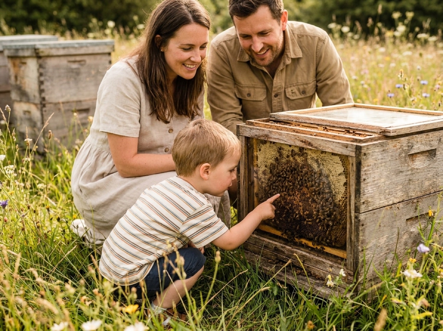 Gäste am Bienenlehrpfad beim Blick auf den Schaukasten