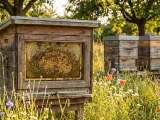 Bienenstöcke aus Holz auf einer Blumenwiese unter Obstbäumen