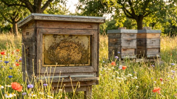 Bienenstöcke aus Holz auf einer Blumenwiese unter Obstbäumen