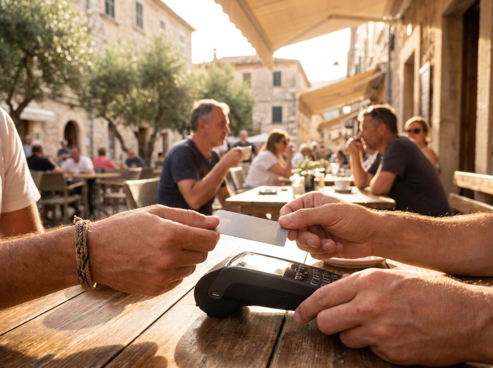 Kontaktlose Kartenzahlung an einem Terminal in einem sonnigen Straßencafé im Ausland