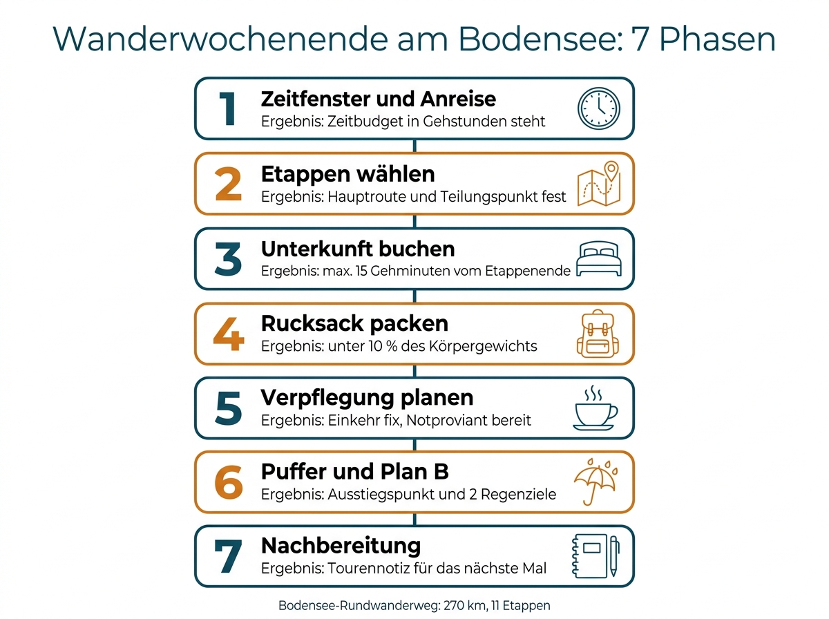 Infografik mit den sieben Planungsphasen für ein Wanderwochenende am Bodensee