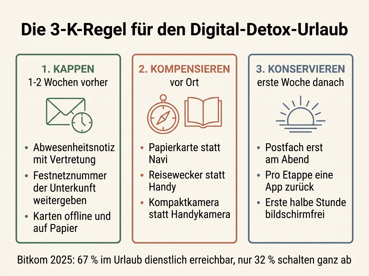 Infografik zur 3-K-Regel für einen Digital Detox Urlaub