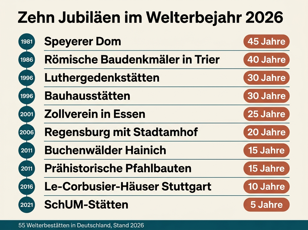 Infografik mit den zehn Welterbe-Jubiläen des Jahres 2026 in Deutschland