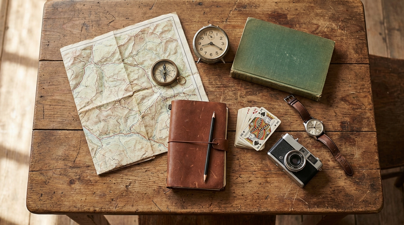 Analoge Reiseausrüstung mit Papierkarte und Notizbuch für die Offline-Auszeit