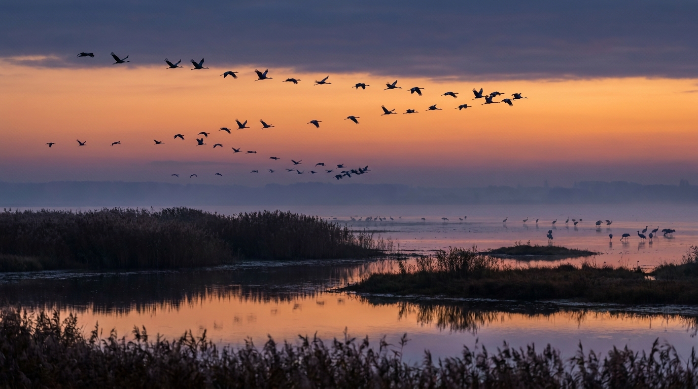 Kraniche im Flug über einem Bodden an der Ostseeküste im Herbst