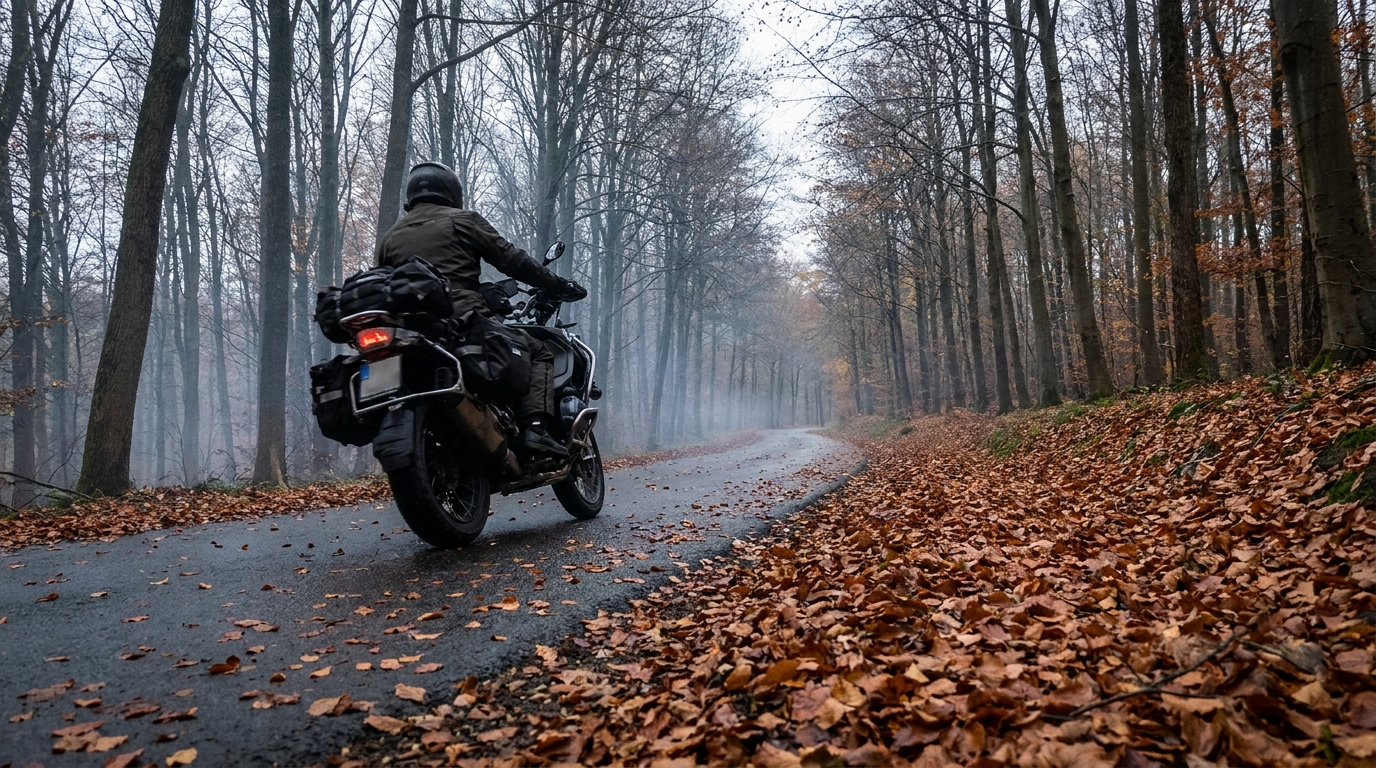 Motorrad auf feuchter Landstraße mit buntem Blätterteppich im Mittelgebirge