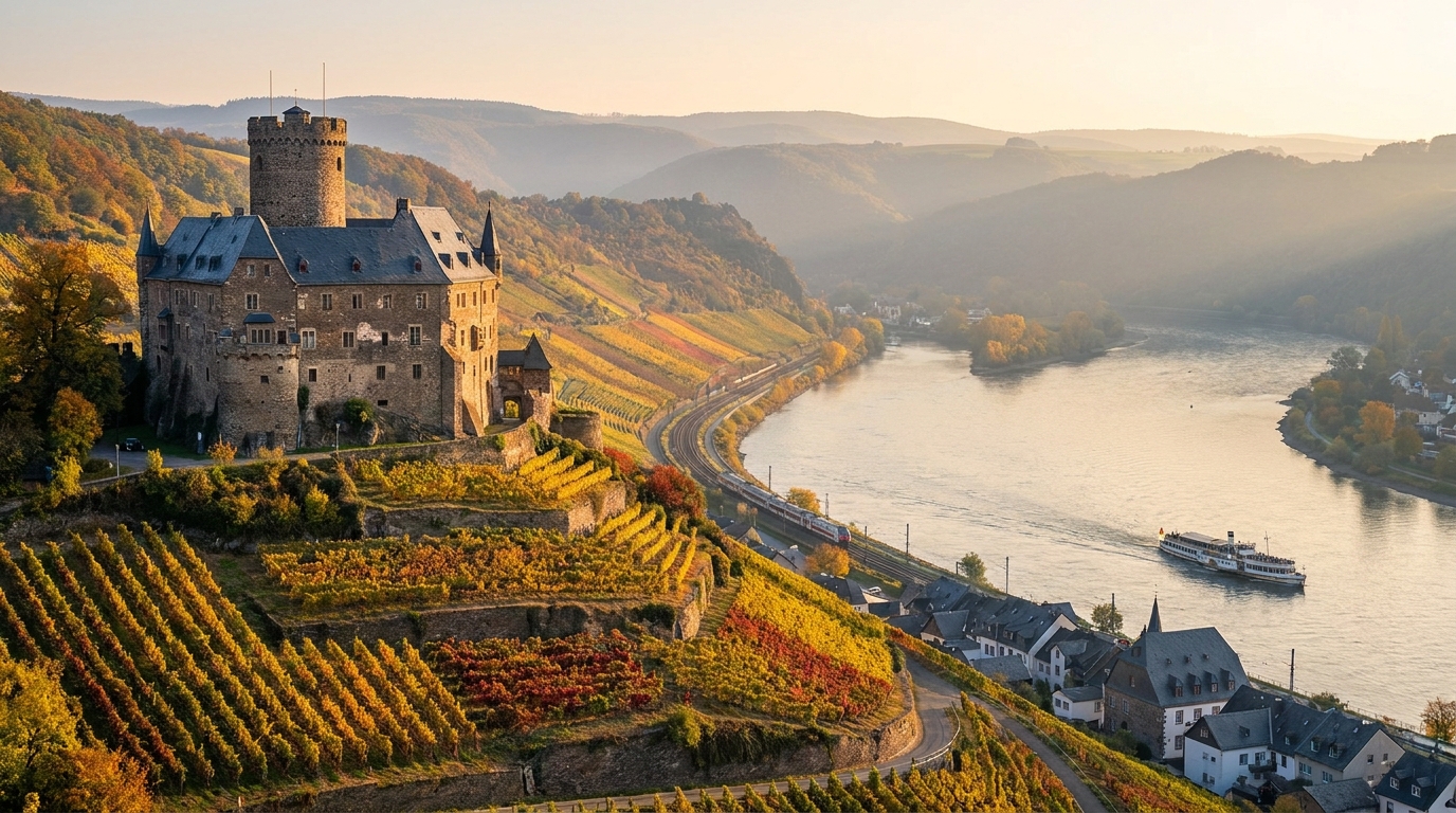 Blick auf das Obere Mittelrheintal mit Burg und Weinbergen über dem Rhein