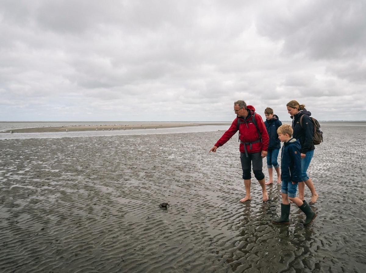 Familie bei einer geführten Wattwanderung im Wattenmeer