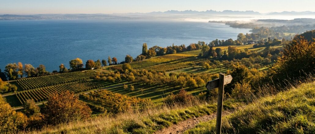 Wanderwochenende am Bodensee: Blick von einem Aussichtspunkt über den See auf herbstliche Landschaften
