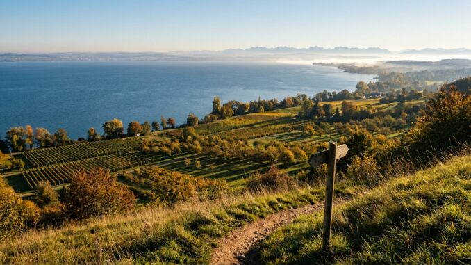 Wanderwochenende am Bodensee: Blick von einem Aussichtspunkt über den See auf herbstliche Landschaften