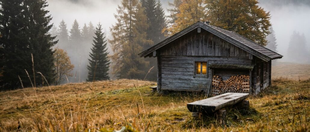 Berghütte im Herbstnebel als Ziel für einen Digital Detox Urlaub