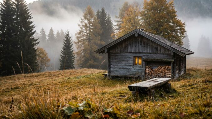 Berghütte im Herbstnebel als Ziel für einen Digital Detox Urlaub